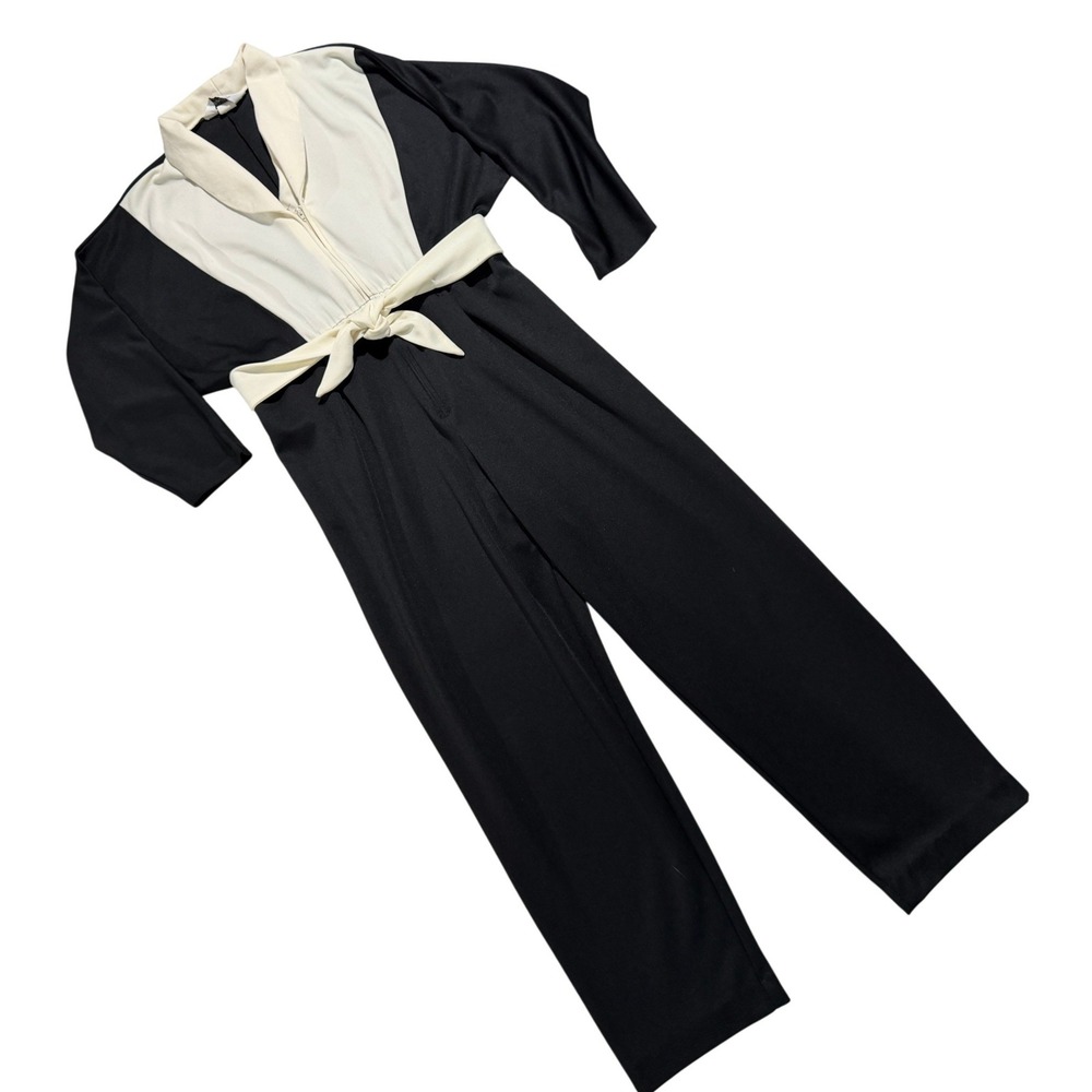 Anthony Richards Black White Colorblock Jumpsuit Belted Wide Leg Size 16 USA